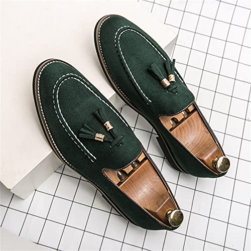 Mens Faux Suede Tasseled Leather Slip On Loafers,Casual Business Dress Shoes British Retro Moccasin Driving Shoes (Green,10) #TOP5