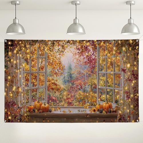Sfondo autunnale con vista sulla finestra accogliente sfondo fotografico con scena decorazione con zucca e foglie per feste del Ringraziamento eventi stagionali per interni ed esterni