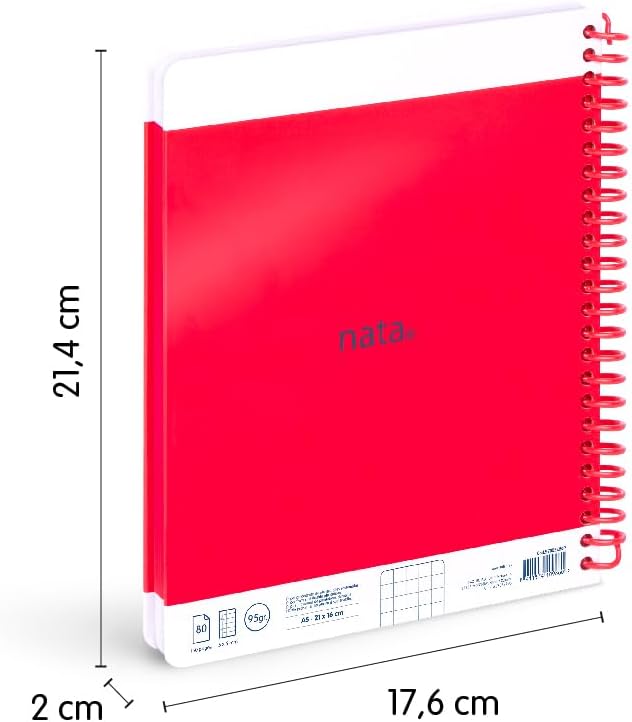 MILAN® Nata® 624 Since 1918 A5 Spiral Notebook with Hardcover Squared Paper, 80 Sheets of 95 g/m², Pink