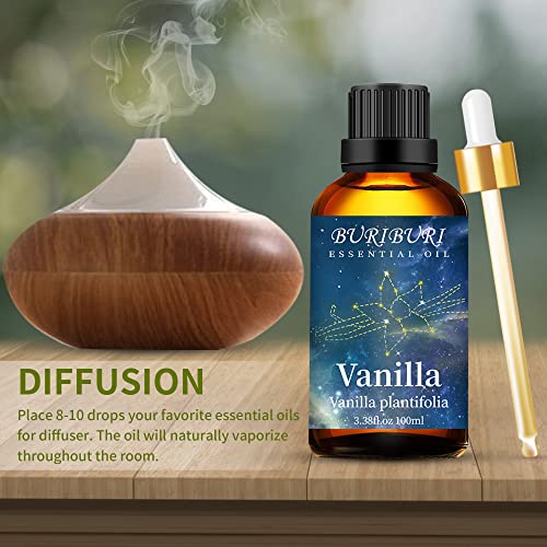 Image of BURIBURI 100ML Vanilla Essential Oil, 100% Pure Undiluted Aromatherapy Vanilla Oil 3.38fl.oz for Soap, Candle Making, Massage, Diffuser, Humidifier