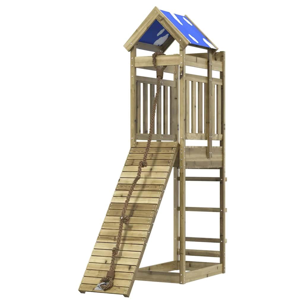 Wieża do zabawy z impregnowanego drewna sosnowego ze ścianką wspinaczkową, liną, piaskownicą i podestem, do ogrodu, na taras i podwórko, platforma 118 cm, dla dzieci w wieku od 3 do 8 lat