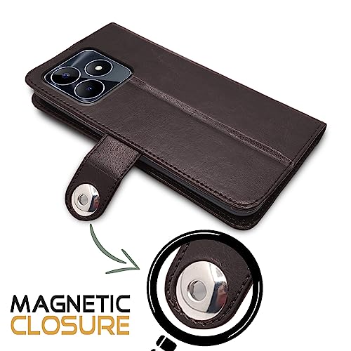 Image of Pikkme Realme Narzo N53 Flip Cover Leather Finish | Inside TPU with Card Pockets | Wallet Stand and Shock Proof | Complete Protection Button Flip Case (Coffee)