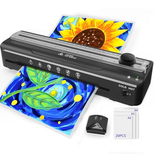 Plastificadora A4 con 20 LáMinas de LaminacióN para A4 A5 A6, Calentamiento RáPido, Laminado Multifuncional en Caliente y FríO con Cortador de Papel y Esquina Redonda Negro