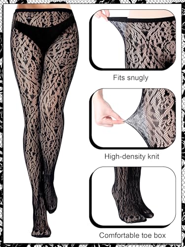Image of Bencailor 3 Pairs Halloween Women Fishnet Stocking Tight Legging Black Stockings Small Hole Pattern High Pantyhose Waist Lace