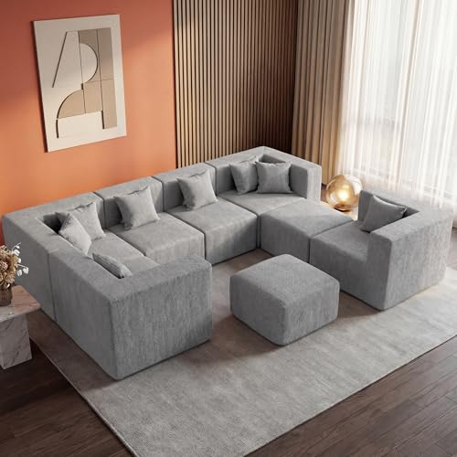 Image of MONVANE Modular Sectional Sofa, Oversized 8 Seat Convertible U Shaped Couch with Ottoman, Comfy Chenille Cloud Couch with Deep Seat, Sectional Couches for Living Room, No Assembly Required, Light Grey