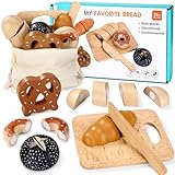 Mexgcom Giocattolo Pane in Legno Per Bambini, Cucina Giocattoli Taglio Pane in Legno, Gioca Accessori Cucina Set Colazione con Connessione in Velcro, Cucina Bambini Per Bambini da 3 4 5 Anni