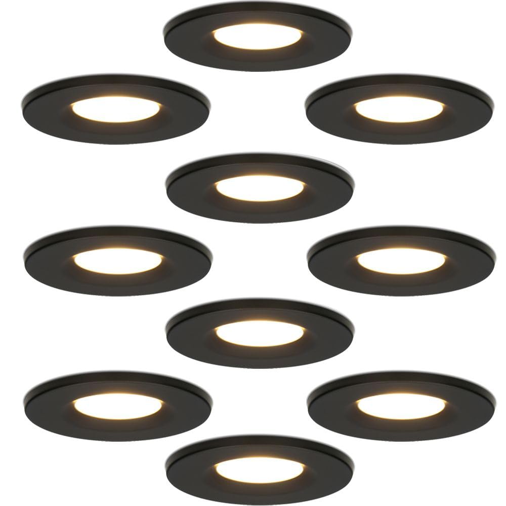 HOFTRONIC 10er Venezia - LED Einbaustrahler Flach 68mm Schwarz - IP65 Wasserdicht, Spots Badezimmer, Küche und Wohnzimmer - 2700K Extra Warmweiß - Einbautiefe 45mm