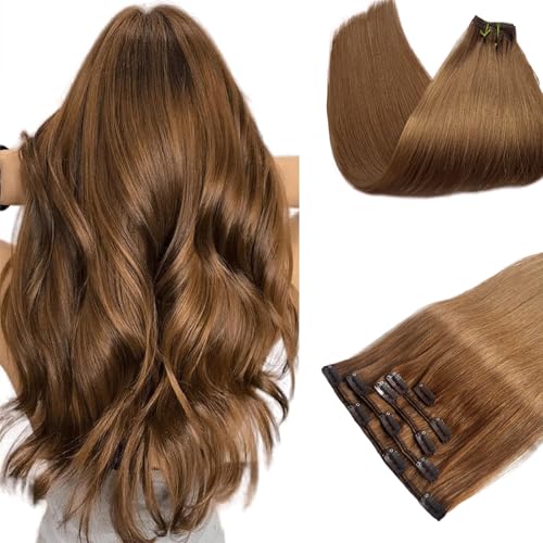 Image of Chestnut Brown Clip ins Hair Extensions Real Human Hair Extension Thick Straight Seamless Invisible No Tangle No Shedding Reusable 5pcs for Women 14 Inch 70g