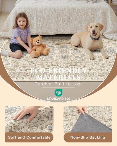 Madane Washable Area Rug 2x3, Small Entryway Rug Non-Slip Vintage Door Mat Indoor Entrance, Low Pile Floor Carpet for Inside Front Door Bedroom Kitchen Entry Laundry (2'x3', Beige/Blue)