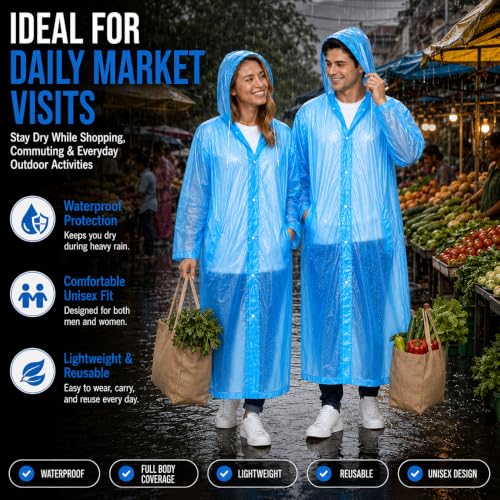 Image of OTOROYS Waterproof Long Rain Coat with Hood for Men, Women, Boys & Girls | Universal Full Length Reusable PVC Raincoat | Lightweight Portable Rain Ware for Bike Riding, Travel & Outdoor, Blue