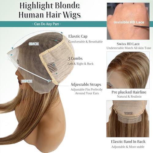 Image of Munx Upgrade-13x6 Lace Front Wig Human Hair Highlighted Ash Blonde HD Transparent Glueless Lace Frontal Wigs with Brown Roots 180% Density Thick Pre Plucked Colored Human Hair Wig for Women 26 inch