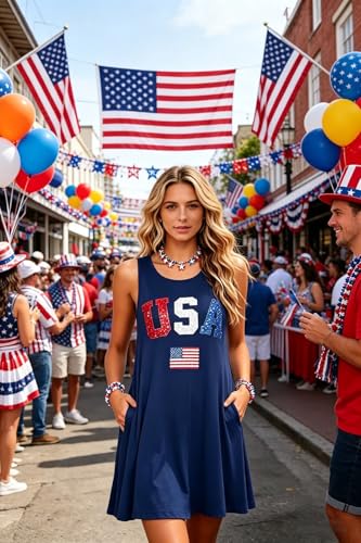 Image of Roshop Womens Juneteenth Flag Sleeveless Dress 4th of July Patriotic Swing Sundress with Pockets