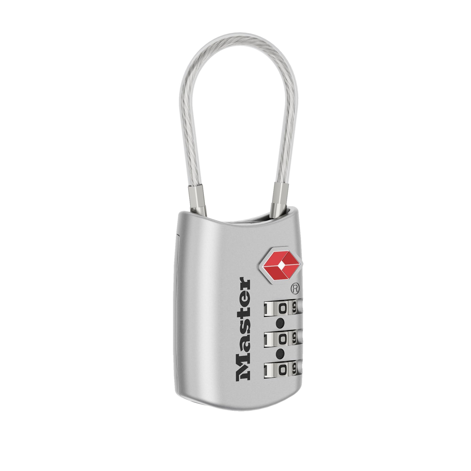 Master Lock 4688D Kłódka z możliwością ustawienia własnej kombinacji zamka szyfrującego z atestem TSA, 1 opakowanie, srebrna