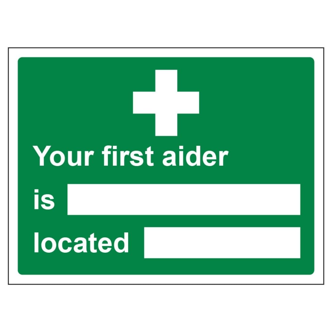 V Safety Your First Aider Is Located 300 x 200 mm - 2mm Rigid Plastic Safety Sign