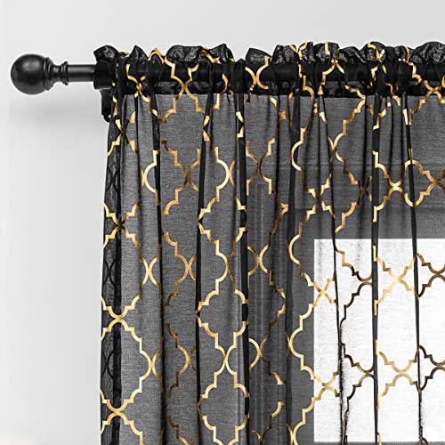 Kotile Black Gold Sheer Curtains 108 inch Length - Gold Moroccan Tile Pattern Sheer Curtains for Bedroom 52x96 inch Privacy Guaranteed 1 Pair
