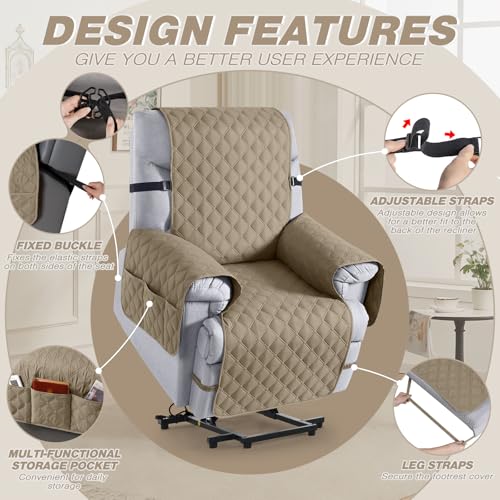 Image of TAOCOCO 100% Waterproof Recliner Covers, Recliner Sofa Covers with Leg Straps, Reversible Recliner Couch Cover for Reclining Chair, Washable Couch Protector for Pets Kids(1 Seater 25 inch, Khaki)