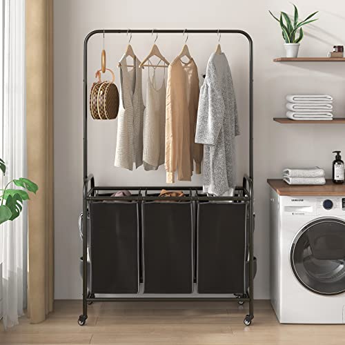 Suoernuo Laundry Sorter 3 Bag Laundry Hamper Cart With Clothes Hanging Bar Rolling Lockable Wheels And Removable Bags For Laundry Room Bathroom Bedroom Clothes Storage, Black #TOP2