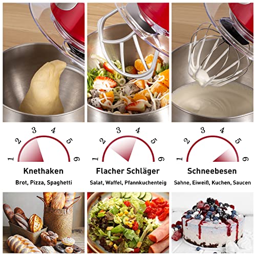 Foto von Küchenmaschine 3 in 1-1000W Teigknetmaschine mit 6L Edelstahl Rührschüssel - Küchenmaschine mit Mixer und Spritzschutz - Rührmaschine Küche mit Planetarischen Rührsystem (Rot)