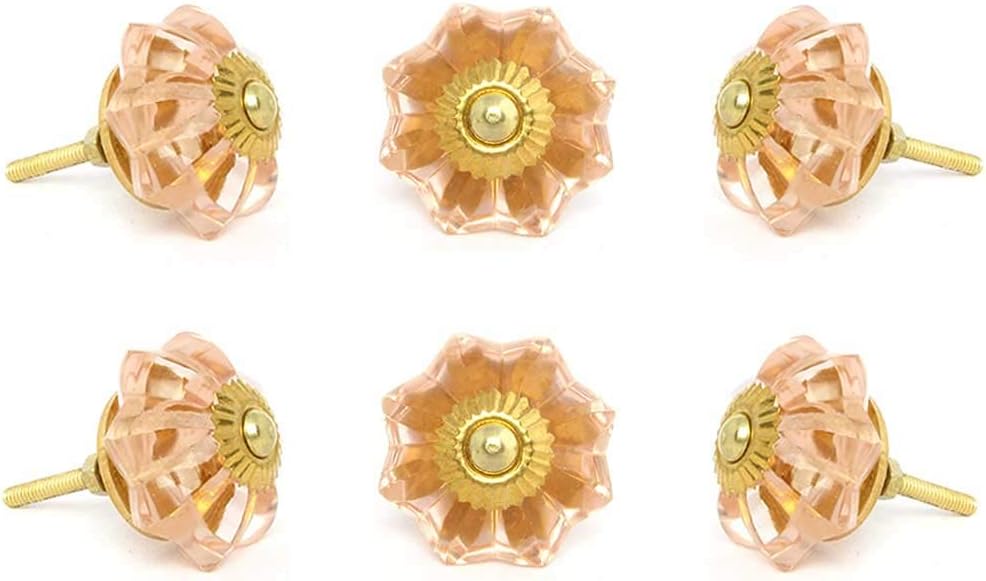 Eyes of India - Set of 6 Pink Clear Glass Cupboard Dresser Door Cabinet Knobs Pulls Shabby Chic Decorative Colorful Boho Bohemian Accent Handmade