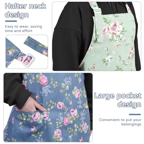 FANTESI 2 Pack Floral Aprons for Women Adjustable Canvas Aprons with 2 Big Pockets for Cooking Baking Gardening Housework - Image 4