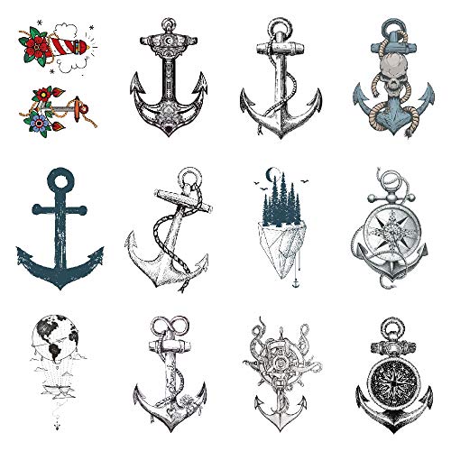 SanerLian Anchor Ship Temporary Tattoo Sticker Waterproof Fake Tatoo Men Women Adult Boys Teens Body Art 10.5X6cm Set of 12