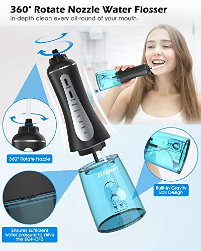 ELEGIANT Water Flosser for Teeth, 5 Modes Cordless Dental Oral Irrigator Rechargeable with 350ML Cleanable Water Tank, IPX7 Waterproof, Teeth Cleaner for Home, Travel, Braces and Bridges Care