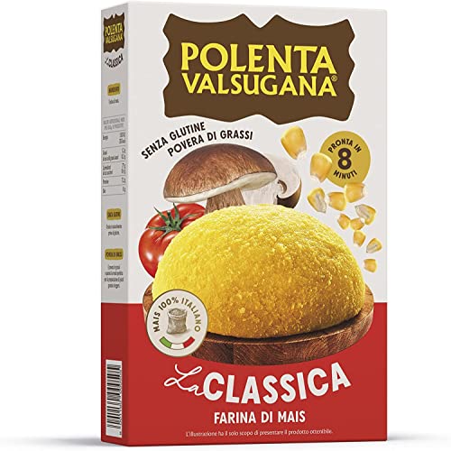 Valsugana, 6 unidades de polenta rápida amarilla, paquete de 375 g, con harina de maíz 100% italiana al vapor, sabor clásico, listo en minutos, sin gluten