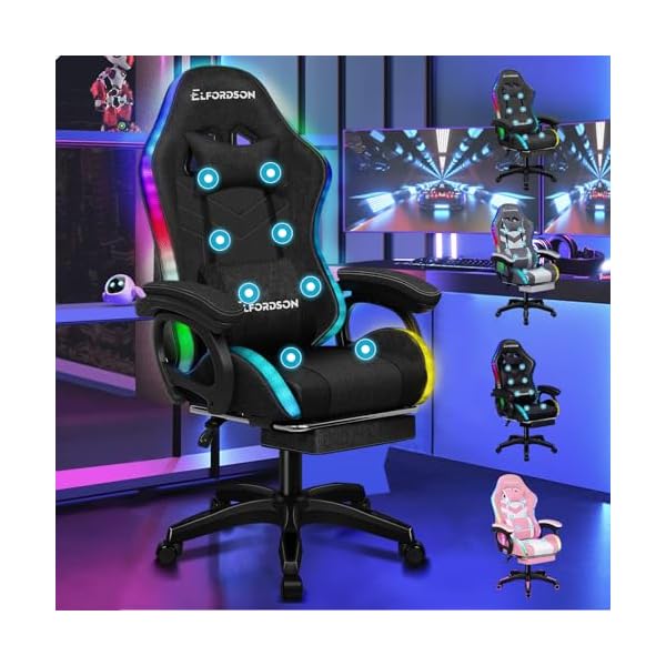 ELFORDSON 8-Point Massage Gaming Chair with RGB LED, Massaging Office Chair with Lumbar Support Footrest 82cm High Back 150° Recliner, Adults and Kids, Fabric Linen, Black