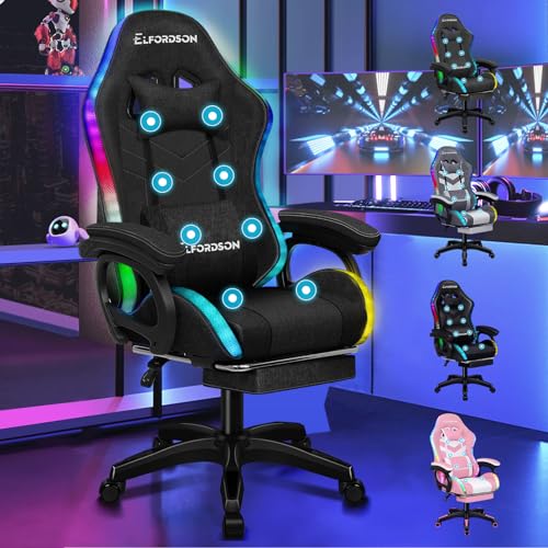 ELFORDSON 8-Point Massage Gaming Chair with RGB LED Massaging Office Chair with Lumbar Support Footrest 82cm High Back 150 Recliner Adults and Kids Fabric Linen Black