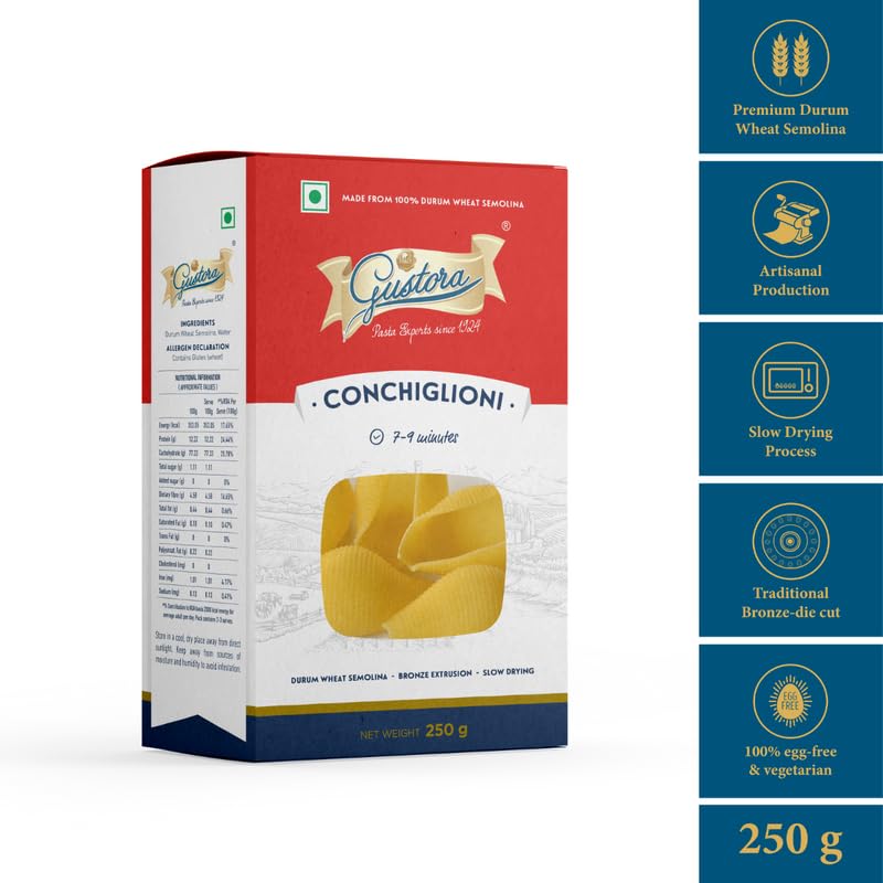 Image of Gustora Durum Wheat Semolina Conchiglioni Pasta Combo, 500g I Vegetarian Pasta I Rich in Fibre & Protein (250g X 2)