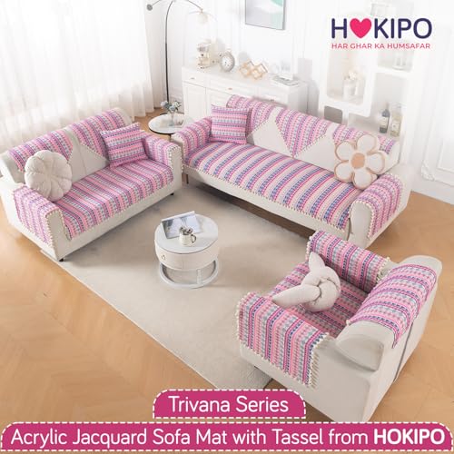 Image of HOKIPO Sofa Backrest Cover with Tassel | 300 GSM Thick Cotton Acrylic Jacquard Fabric Backrest Mat, Size 55x70 cm,'Trivana Series' Periwinkle Blue (IN-932-J5)