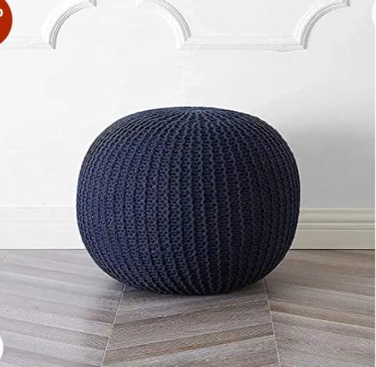 hand knitted beans filled cotton round shape ottoman pouffe pouf footstool/foot rest, décor for living room, bedroom, hallway & office (35 x 35 x 50 cm, navy blue)