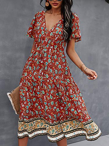 Image of TEMOFON Women Dress Summer Sleeveless Bohemian: Floral V Neck Button Down Flowy Boho Dresses S-XL