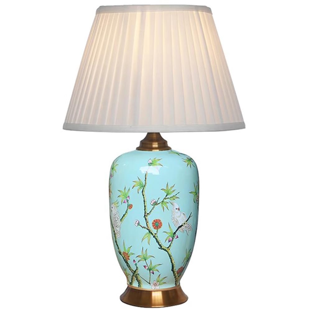 SANBDDLYY Hand-Painted Blue Glazed Ceramic Table Lamp White Pleated Shade - Chinese Design for Living Room, Bedroom, Office