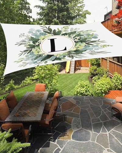 Boanket Sun Shade Sail 8' x 10', Eucalyptus Leaves Rectangular Waterproof Outdoor Sun Shades, L Monogram Letter Watercolor Teal Botanical Shade Cloth for Patio Deck Terrace Garden Lawns Beach Backyard