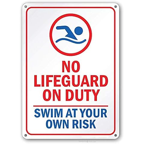 Wanddekoration „No Lifeguard On Duty“-Schild - Swim At Your Own Risk - 25,4 x 35,6 cm - wetterfest mit UV-geschütztem Digitaldruck - Pool-Schild (30 x 19,8 cm) Vintage-Schilder aus Aluminium bedruckt Cover