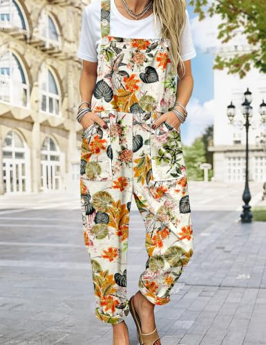 Image of YESNO Women's Overalls Cotton Boho Casual Floral Bib Jumpsuit Baggy Adjustable Strap Romper with Pockets PVV