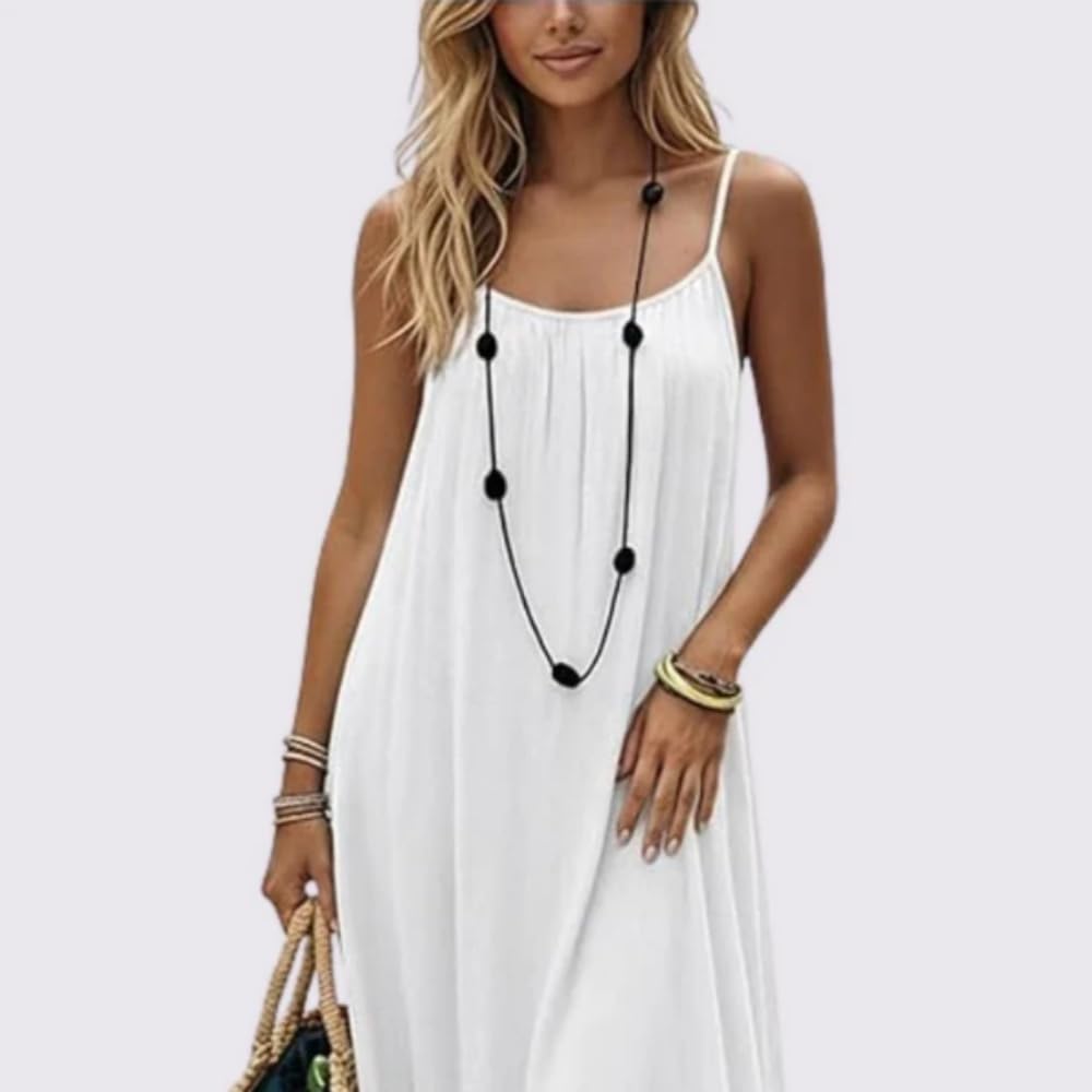 Blue Jolie La Robe Nuance - La Caline Robe d'été pour Femme, Bretelles Spaghetti, Dos Ouvert, Longue et Fluide, sans Manches, Couleur Unie
