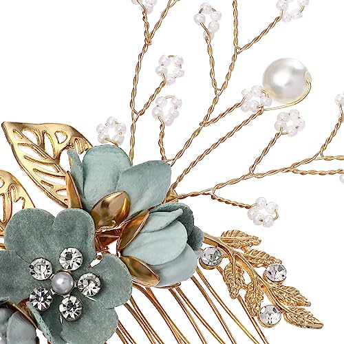 Minkissy Wedding Hair Comb, Pearl Crystal Decor Clip Pin Rhinestone Flower Wedding Hair Accessories for Bride Bridesmaid (Green)
