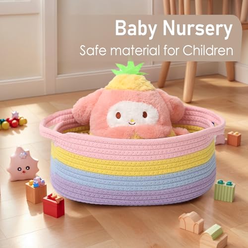 Image of JMvicyroam Small Woven Basket, Empty Gift Basket, Rainbow /1 Pack | Small Gift Basket, Cotton Rope, 12 x 8 x 51 in, Handles, Includes Ribbon and Bag, Birthday Gift Basket