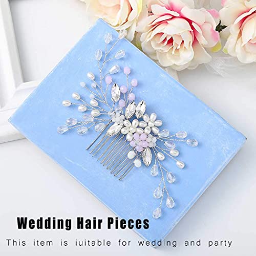 Catery Flower Bride Wedding Hair Comb Pink Crystal Pearl Hair Jewelry Headpieces Bead Side Combs Bridal Decorative Prom Hair Accessories For Women And Girls #TOP1