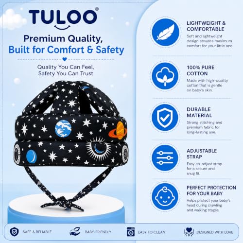 Image of Baby Infant Toddler Helmet No Bump Safety Head Cushion Bumper Bonnet Adjustable Protective Printed Cap Child Safety Headguard for Running Walking Crawling Safety Helmet (Black)