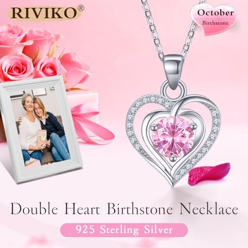 RIVIKO Heart Birthstone Pendant Necklace for Women 925 Sterling Silver Zirconia Necklaces Wedding Anniversary Birthday Mothers Day Jewelry Gifts For Her Mother Wife - Image 3
