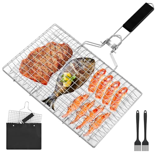 Fish Grill Baskets，Folding Portable Fish Grilling Rack For Grill, BBQ Grilling Basket, Stainless Steel Grill Basket For Veggies, Shrimp, Meat Cook，Come With Storage Bag and Two Basting Brush