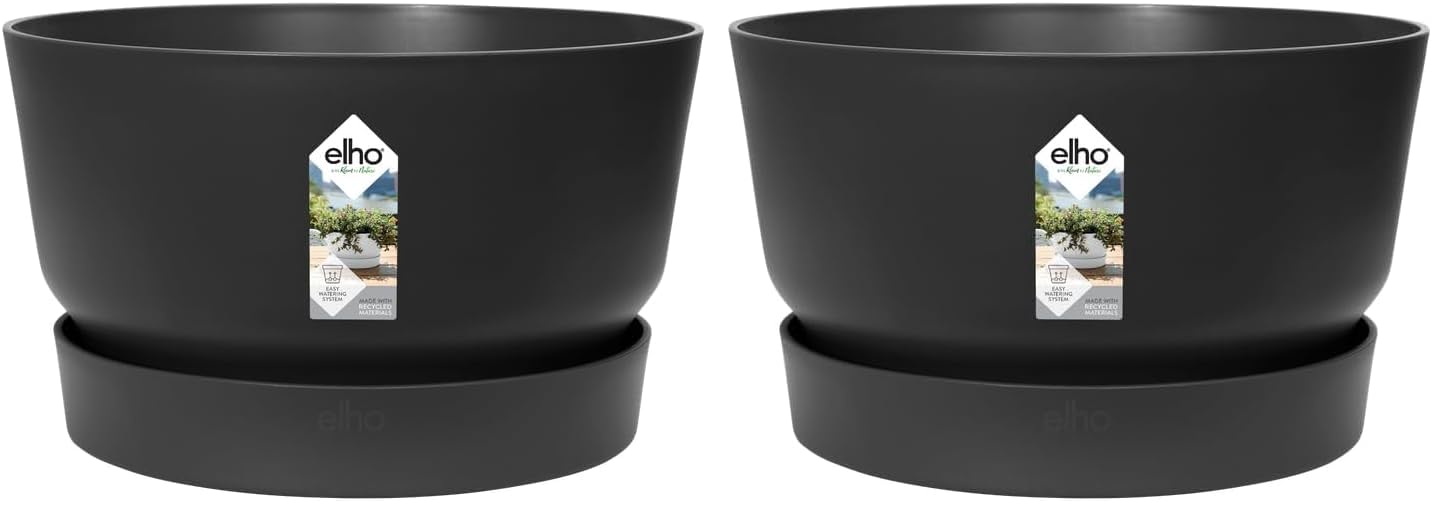 elho Greenville Schale 33 - Blumentopf für Außen - 100% recyceltem Plastik - Ø 32.5 x H 19.4 cm - Schwarz/Living Schwarz (Packung mit 2)
