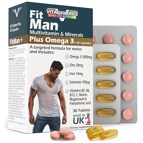 VITAGENERICS FitMan High Strength Multivitamin & Minerals + Omega 3 | 30 Tablets + 30 Capsules| 1000mg Omega 3, Zinc, Iron, Biotin, Vitamin D, Magnesium, B-Complex & More! UK Made Supplement for Men