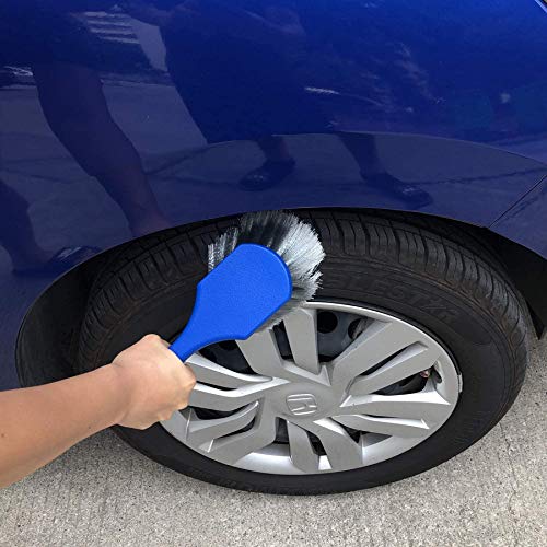 LUCKLYJONE Wheel & Tire Brush for Car Rim, Soft Bristle Car Wash Brush, Cleans Tires & Releases Dirt and Road Grime, Short Handle for Easy Scrubbing Blue - Thumbnail 4