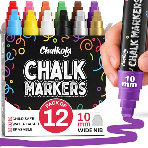 Chalkola Car Window Markers for Glass Washable - (10mm 12 Pack w/Gold Silver) | Jumbo Liquid Chalk Markers for Blackboard Chalkboard Auto Mirror Bistro Board 3 in 1 Wide Nib Chalk Paint Pens