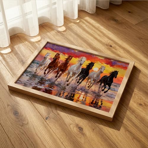 Image of Suneree 7 Horse Painting Vastu for Home - Running Horses Wall Art Framed Landscape | Seven Horses Wall Painting for Living Room Decor (Natural, Design 01, 10x13 Inch)