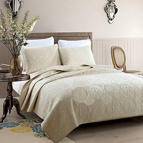 Brandream Beige Quilts Cotton Farmhouse Quilted Comforter Set Queen Size Matelasse Quilt Coverlet Set Luxury Bedspreads 3-Piece #TOP3